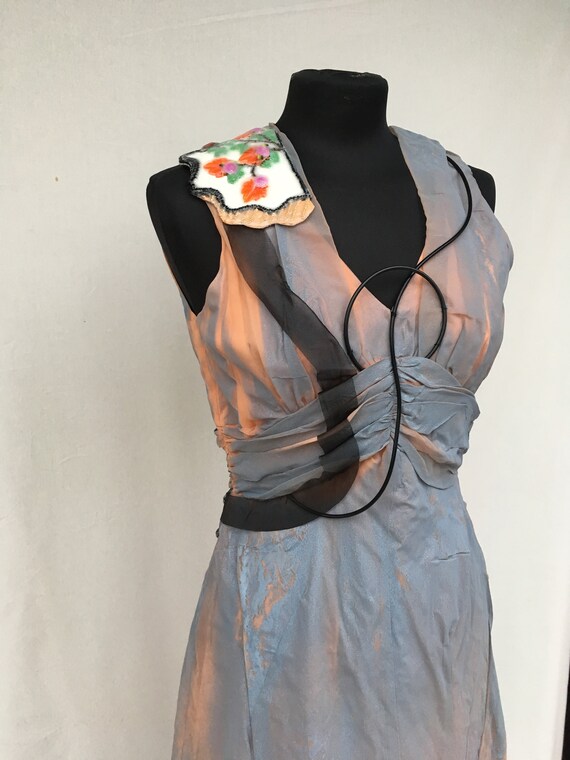 Hand Painted plasticized Chiffon Embroidered Long Dress LOLA DARLING Special Accessories Handmade Recovery Sustainable Italian Wearable Art