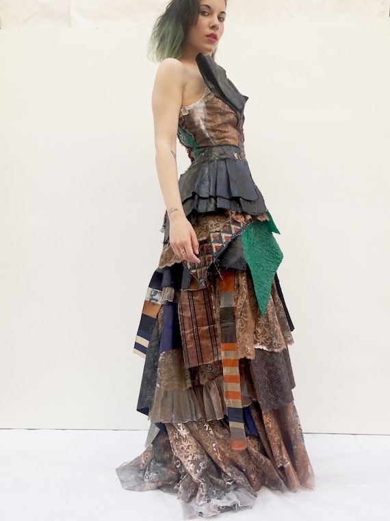 Artwork LOLA DARLING Long Patchwork Dress Upcycled fabrics Sculpure Art Dress One of a Kind Handmade in Italy Sustainable Luxury Clothing