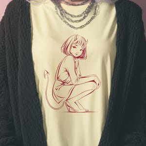 Anime Devil Girl T-shirt – Cute Women’s Demon Sketch Graphic Tee, Kawaii Gothic Pastel Top, Halloween Aesthetic Fashion Shirt