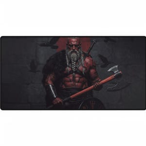 May include: A rectangular desk mat featuring a detailed illustration of a muscular, red-skinned warrior with a long, braided white beard. He holds an axe and shield, with ravens in the background against a dark, textured backdrop.