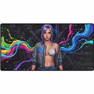 Cyberpunk Anime Desk Mat  Photorealistic Character with Technical Schematic XXL Gaming Mouse Pad