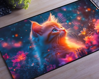 Glowing Kitten XXL Gaming Mouse Pad - Neon Floral Cat Desk Mat, Cute Aesthetic Extended Mousepad, Large Desk Pad Gamer Decor