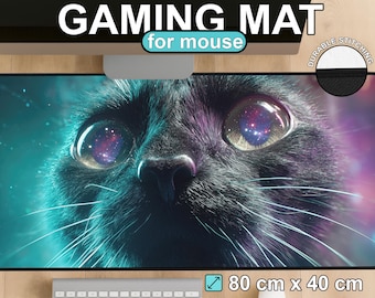 Galaxy Cat XXL Gaming Mouse Pad - Neon Space Eyes, Turquoise and Purple Large Desk Mat