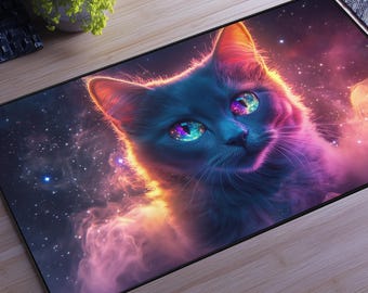 Cosmic Cat XXL Gaming Mouse Pad - Galaxy Eyes Desk Mat with Nebula Sky, Large Space Aesthetic Mouse Pad