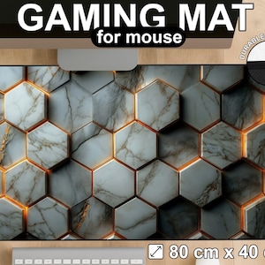 May include: Gaming mat for mouse with a hexagonal marble design. The mat is 31.5 inches long and 15.7 inches wide. The mat has a black border and the words "Durable Stitching" are printed on the top right corner.