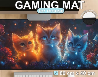 Glowing Kittens Desk Mat, Fantasy Cat Mousepad, Fire & Ice Neon Cats, Gamer Desk Pad, Cute Magical Kitten Art