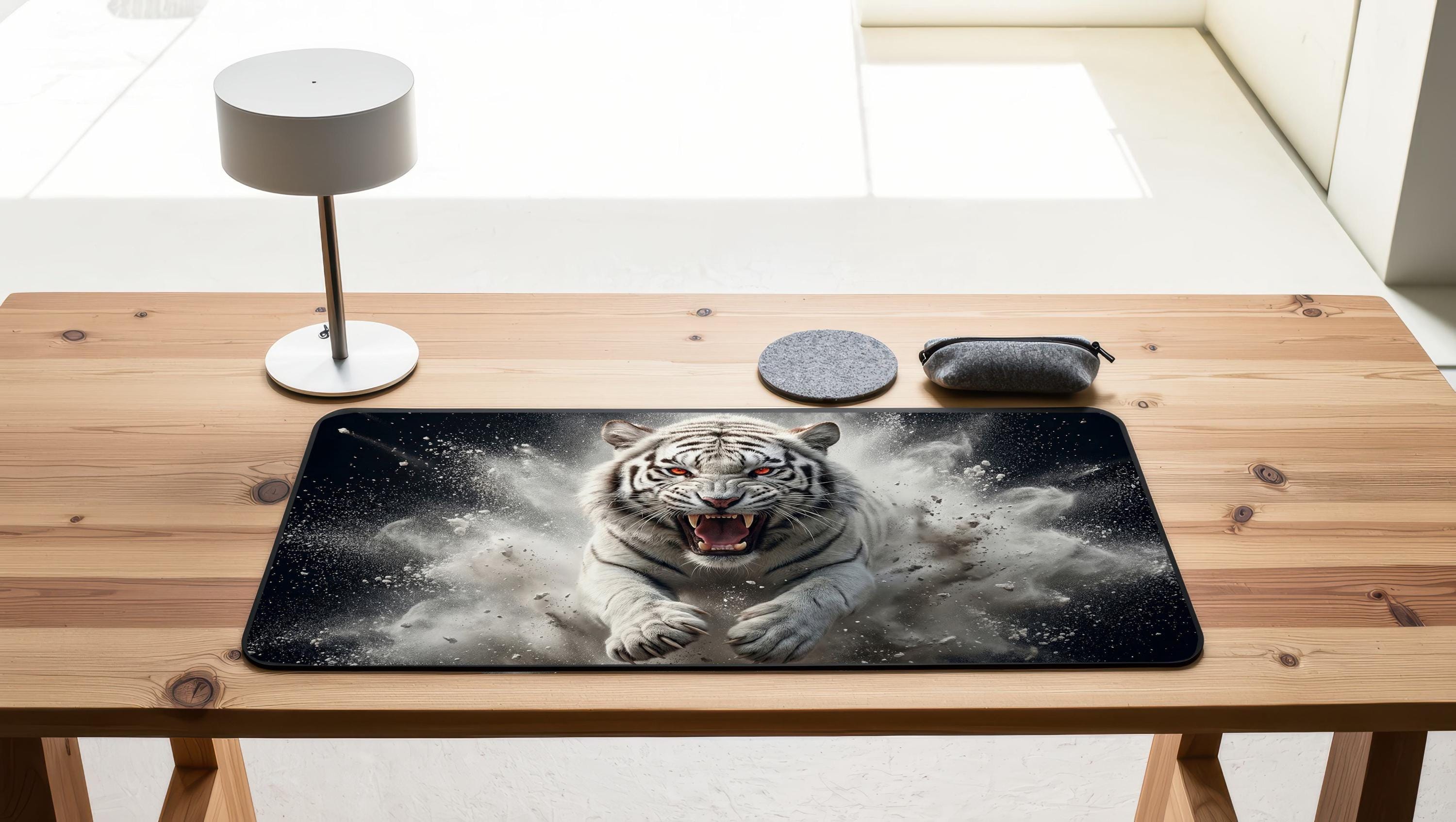 Computer Mat Tiger White Tiger Desk Mat: Roaring Feline Gaming Mouse Pad, Dark Wildlife ...