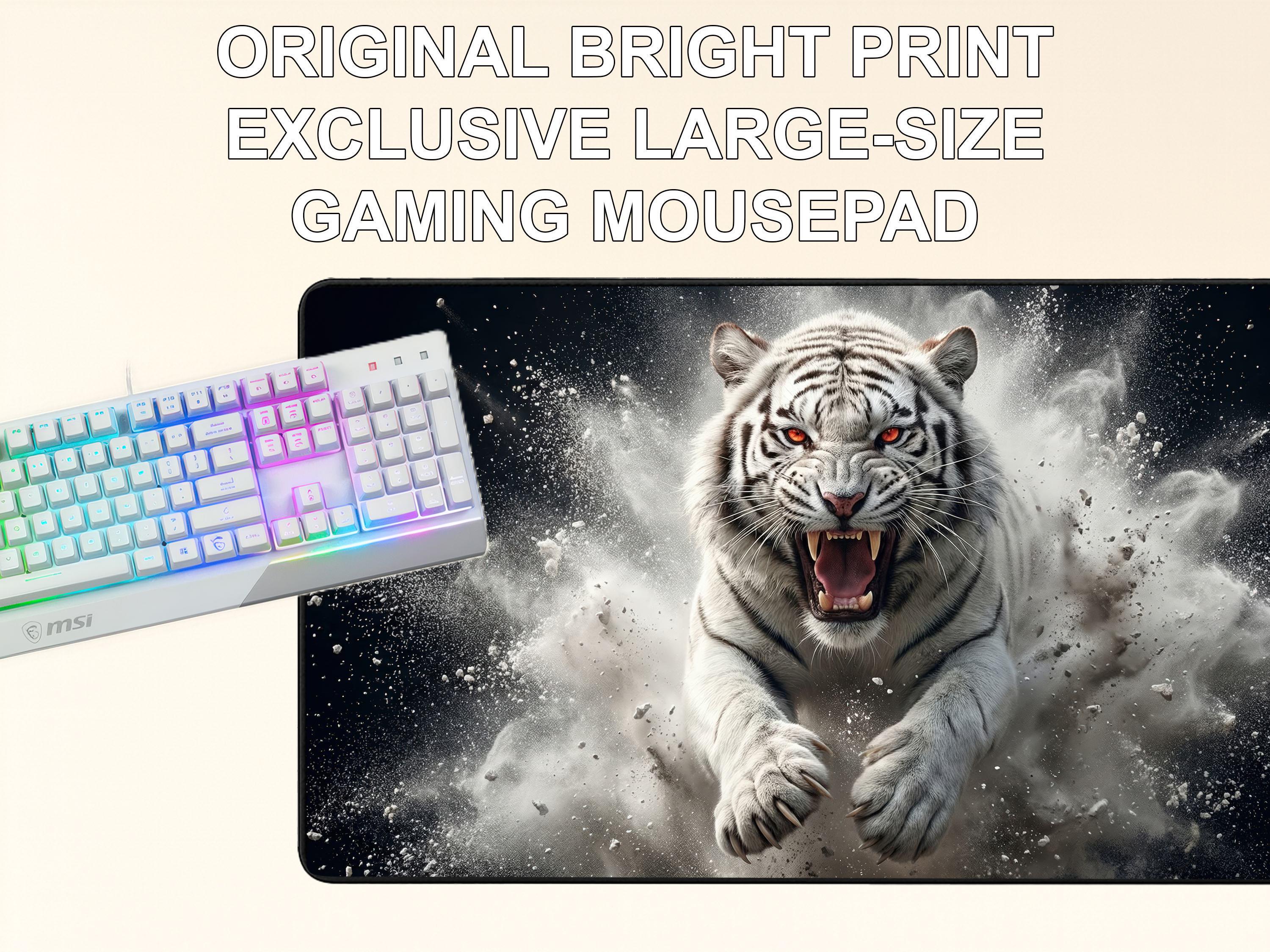 Computer Mat Tiger White Tiger Desk Mat: Roaring Feline Gaming Mouse Pad, Dark Wildlife ...