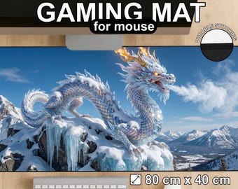 Frostbound Dragon Desk Mat: Icy Mountain Serpent Gaming Mouse Pad
