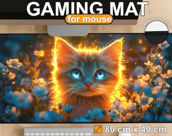 Glowing Kitten XXL Gaming Mouse Pad, Fantasy Cat Desk Mat with Blue Eyes & Flowers, Cute Aesthetic Extended Desk Pad
