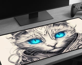 Blue-Eyed Cyber Cat Desk Mat | Sci-Fi Futuristic XXL Gaming Mouse Pad