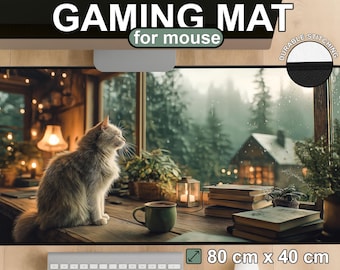 Cozy Cat Window Scene Desk Mat - Rainy Forest Cabin, Books and Candlelight Large Gaming Mouse Pad