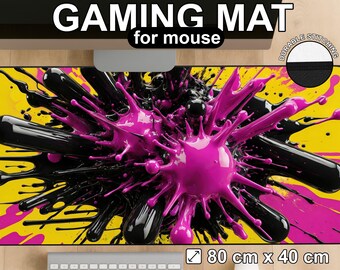 Gaming Mouse Pad Desk Mat Neon Splash Abstract Magenta Black Yellow Modern Artistic
