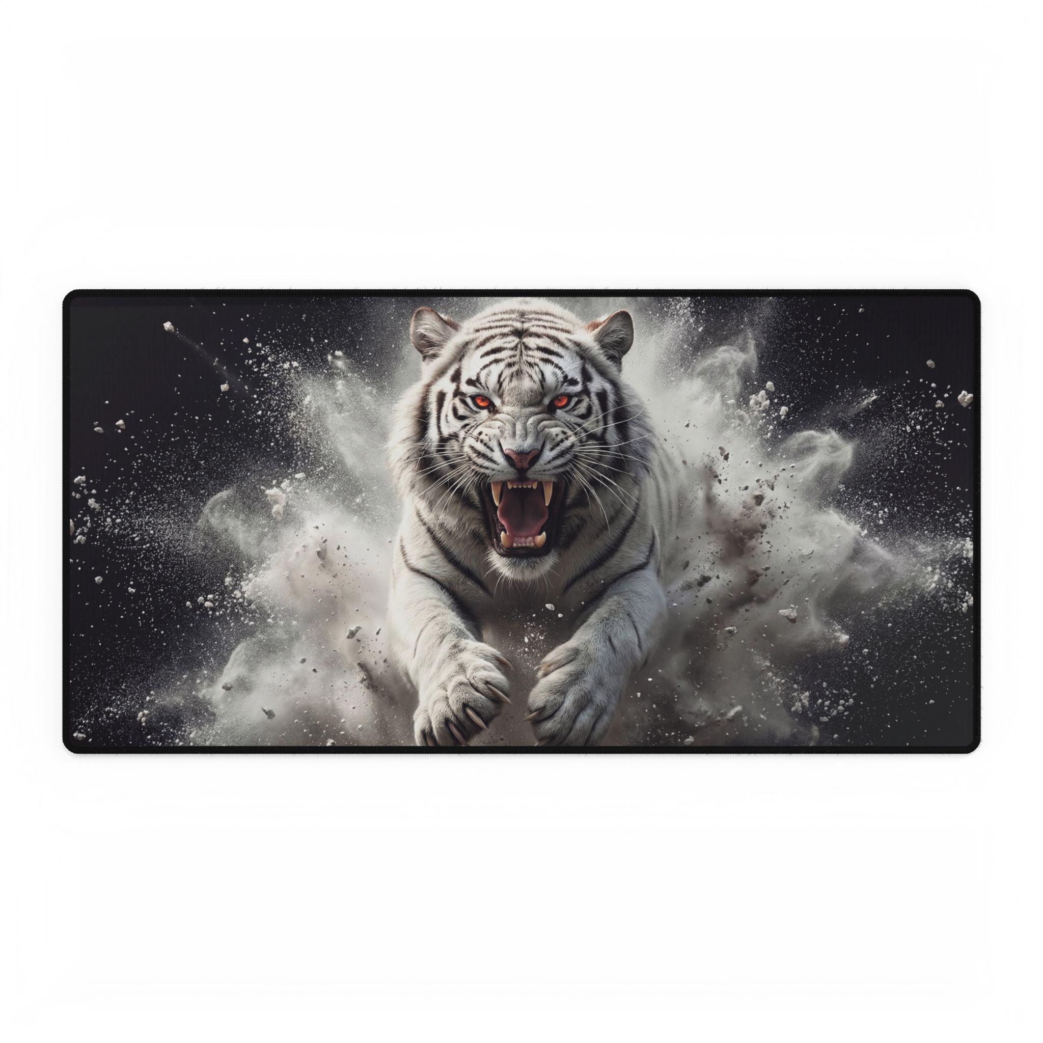 Computer Mat Tiger White Tiger Desk Mat: Roaring Feline Gaming Mouse Pad, Dark Wildlife ...