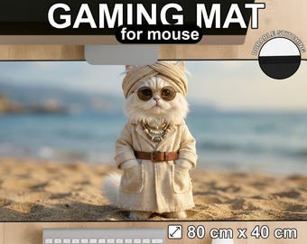 Beach Cat Desk Mat: Boho Coastal Feline Gaming Mouse Pad, Workspace Decor
