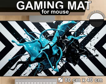 Abstract Desk Mat Gaming Mouse Pad Geometric Splash Teal Black Modern Monochrome Artistic XXL