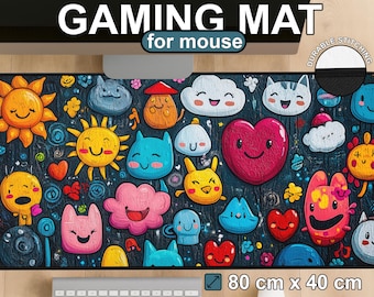 Kawaii Doodle Emoji XXL Gaming Desk Mat | Cute Colorful Aesthetic Mouse Pad