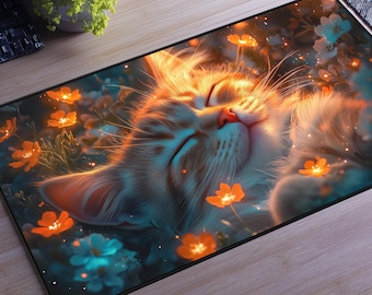 Sleeping Cat XXL Gaming Mouse Pad, Glowing Flowers Desk Mat, Cozy Night Garden Aesthetic Extended Desk Pad, Cute Cat Lover Gift