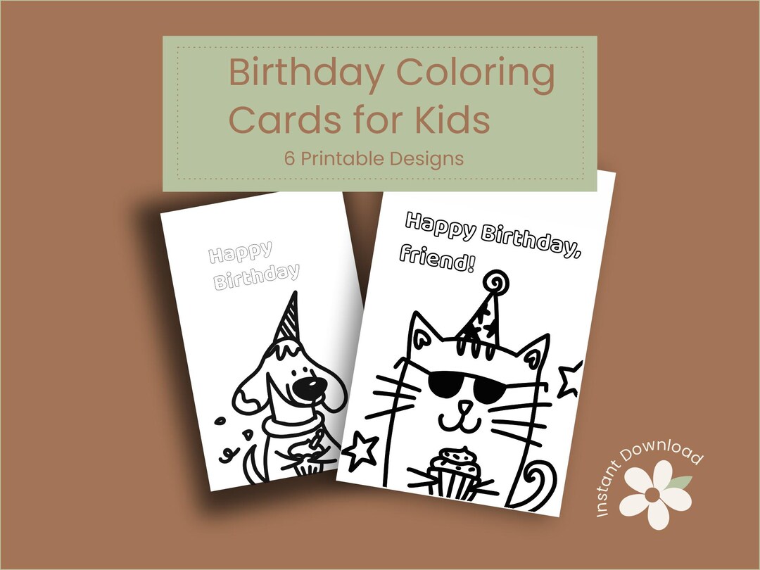 Dog Cat Birthday Coloring Cards – Kids Party Activity Pack (printable ...