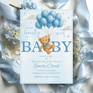Bearly Wait Baby Shower Invitation | Teddy Bear Blue Boy Shower | Editable Template | Printable Digital Download
