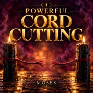 Könnte beinhalten: Zwei schwarze Kerzen mit schmelzendem Wachs, jeweils umwickelt mit einer roten Schnur, die in der Mitte ausgefranst und getrennt ist. Der Text POWERFUL CORD CUTTING steht in großen goldenen Buchstaben darüber, MOSES steht darunter.