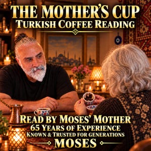 May include: A Turkish coffee reading service advertisement titled THE MOTHER'S CUP TURKISH COFFEE READING. It features a person with a grey beard and a person with grey hair holding a small floral cup. Text includes READ BY MOSES' MOTHER, 65 YEARS OF EXPERIENCE, KNOWN & TRUSTED FOR GENERATIONS, and MOSES.