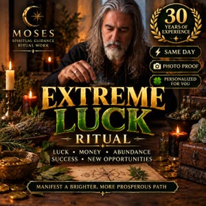 May include: A promotional graphic for an Extreme Luck Ritual featuring text that reads Moses Spiritual Guidance Ritual Work, 30 Years of Experience, Same Day, Photo Proof, Personalised For You, Luck, Money, Abundance, Success, New Opportunities.