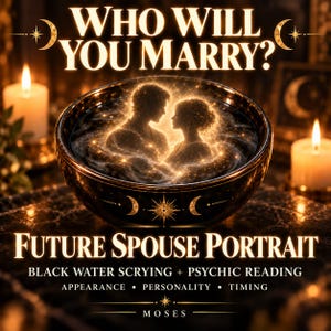 May include: A black bowl filled with dark liquid reflecting a glowing golden silhouette of two people. The text reads: WHO WILL YOU MARRY? FUTURE SPOUSE PORTRAIT, BLACK WATER SCRYING + PSYCHIC READING, APPEARANCE, PERSONALITY, TIMING, MOSES.