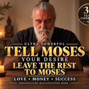 Könnte beinhalten: Eine Person mit weißem Bart und dunkler Kleidung sitzt an einem Holztisch mit zwei brennenden Kerzen und einer Schale. Der Text lautet: ULTRA POWERFUL TELL MOSES YOUR DESIRE LEAVE THE REST TO MOSES LOVE MONEY SUCCESS PERSONALIZED MANIFESTATION WORK 30 YEARS EXPERIENCE.