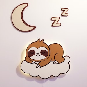 Sloth Night Light: Wooden Nursery Decor, Dreamy Cloud Design