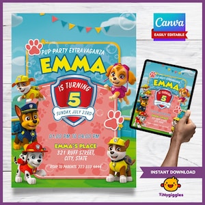 Skye Paw Patrol Birthday Invitation: Editable Canva Template (Digital Download 5x7&quot; )