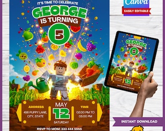 Roblox Grow a Garden Birthday Invitation | Editable Canva Template | Digital Party Invite | Printable Kids Download | Roblox Garden Theme
