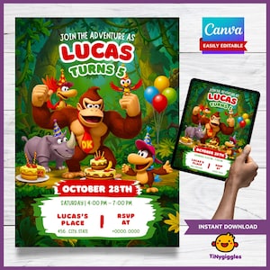 Donkey Kong Birthday Invitation | Editable Jungle Party Card | Super Mario Invite | Boys Digital Download | Donkey Kong Birthday Decor
