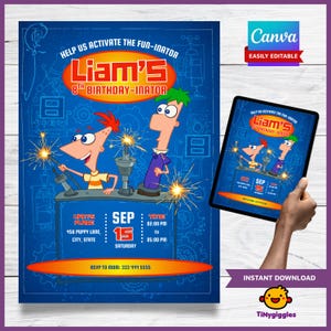 Invitation d&#39;anniversaire de Phineas et Ferb | Modèle de toile modifiable | Téléchargement instantané | Isabelle | Invitation fête dessin animé pour enfants