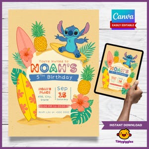 Convite de Aniversário Stitch | Modelo Editável Lilo & Stitch Canva | Download Digital de Convite para Festa Tropical