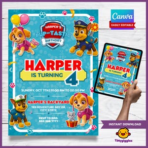 Paw Patrol Birthday Invitation: Editable Canva Template (Digital Download 5x7&quot;)
