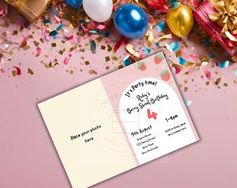 Plantilla de invitación de cumpleaños con diseño de fresas / Fiesta de niñas, editable (descarga digital)