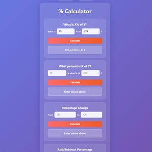Puede incluir: Interfaz de aplicación móvil para una calculadora de porcentajes. La pantalla muestra campos para calcular porcentajes, incluyendo "¿Qué es X% de Y?" y "¿Qué porcentaje es X de Y?" con botones "Calcular" naranjas.