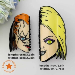 May include: Two decorative hair clips featuring Chucky and Tiffany from the horror film franchise. The Chucky clip is 3.93 inches long and 2.28 inches wide, while the Tiffany clip is 5.5 inches long and 2.75 inches wide. Both clips have black edges and detailed character designs.