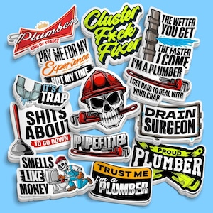 Plumber Vinyl Sticker Pack, Plumbing Pipefitter Decals for Toolboxes, Hard Hats, Tumblers, Laptops, Work Gear & Gag Gifts