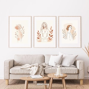 Boho Woman Line Art Wall Print Set of 3 | Minimalist Female Poster Trio | Neutral Digital Download Art | Aesthetic Printable Decor