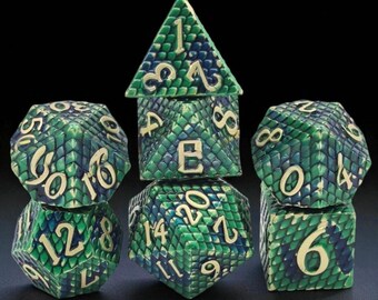 Dragon Scale Metal Dice Set: Emerald Green & Sapphire Blue RPG Dice