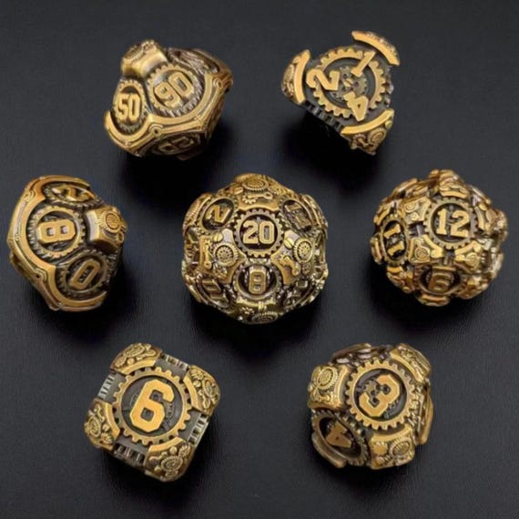 Bronze Gear Metal Dice Set: Sharp Edge DnD RPG Polyhedral Dice