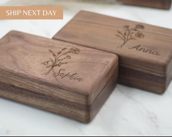 Caja de joyería personalizada de nogal negro con forma de flor de nacimiento, estuche organizador de madera grabado.
