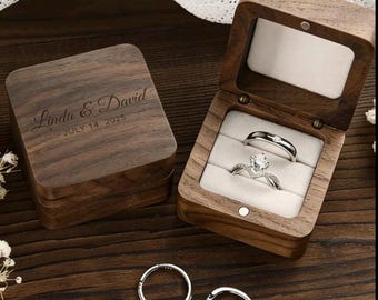 Caja de madera para dos anillos, soporte rústico para propuestas de matrimonio y compromiso.