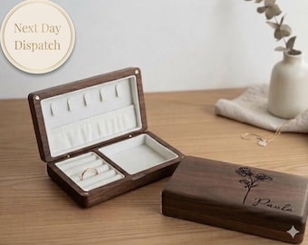 Personalisierte Walnuss Schmuckschatulle, benutzerdefinierte Geburt Blume gravierte Ring Organizer