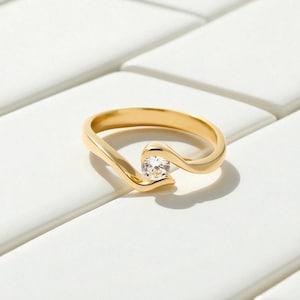 14k Gold Minimalist Engagement Ring, Elegant Sculptural Solitaire Design, Real Gold Promise Ring, Dainty Gift for Her, Wedding Jewelry