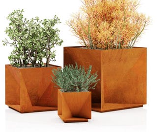 Geometrischer Blumentopf aus Cortenstahl: Industrieller, moderner Gartentopf