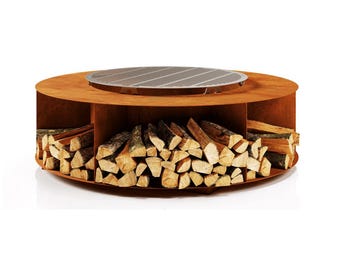 Corten Steel Fire Pit Vincent Outdoor Fireplace BBQ Grill with Firewood Storage Weathering Steel