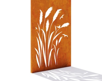 Corten Steel Privacy Screen Pampas Grass Birds Garden Panel Weathering Steel Outdoor Divider